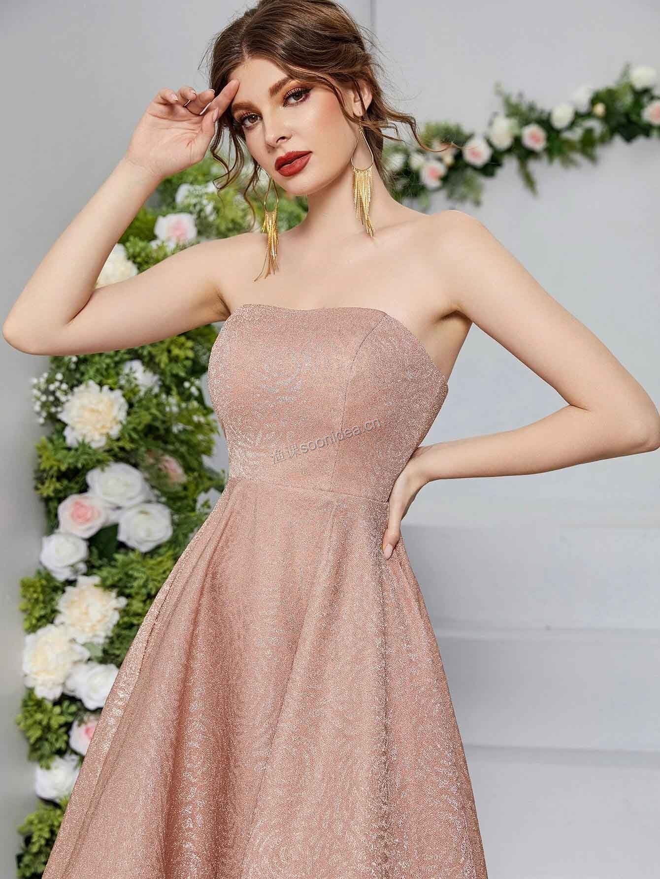 Glitter High Low Hem Tube Prom Dress 