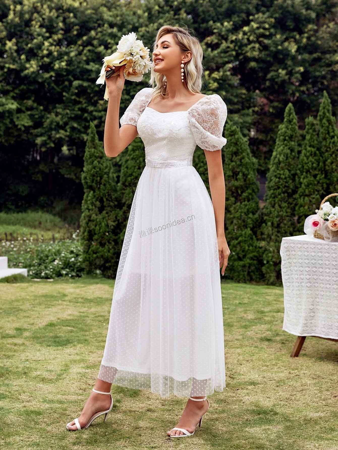 Swiss Dot Contrast Lace Mesh Wedding Dress 