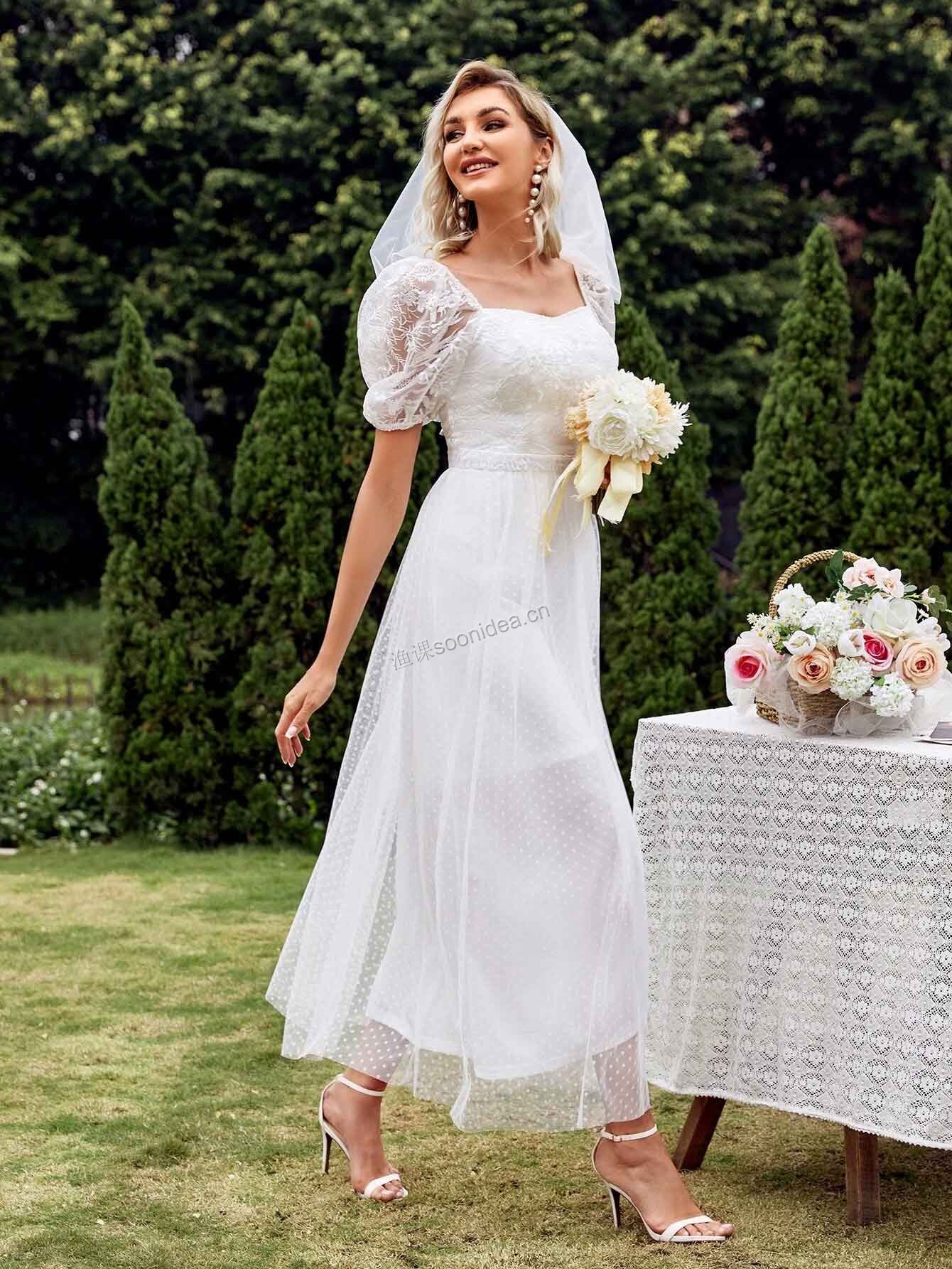 Swiss Dot Contrast Lace Mesh Wedding Dress 