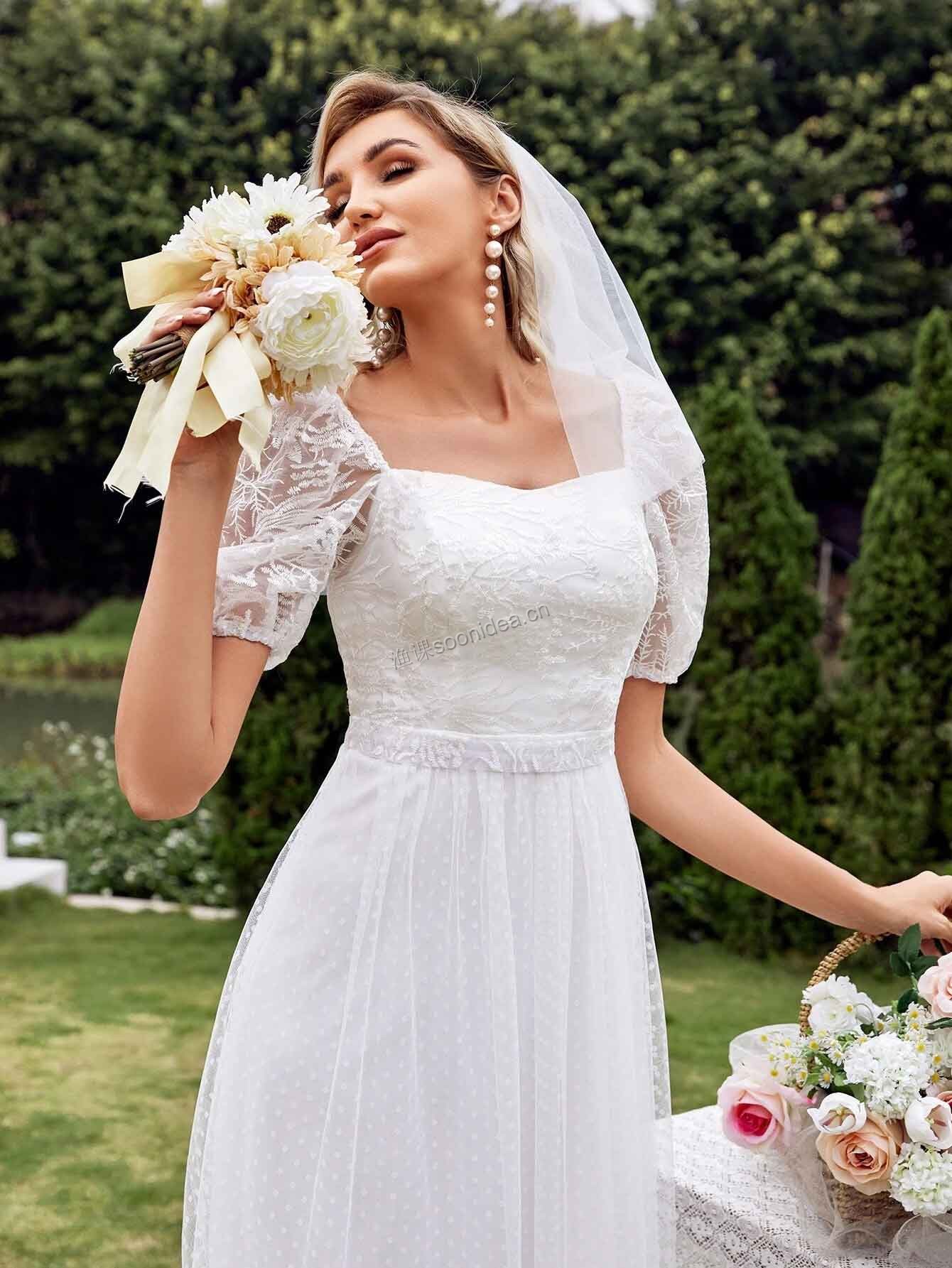 Swiss Dot Contrast Lace Mesh Wedding Dress 