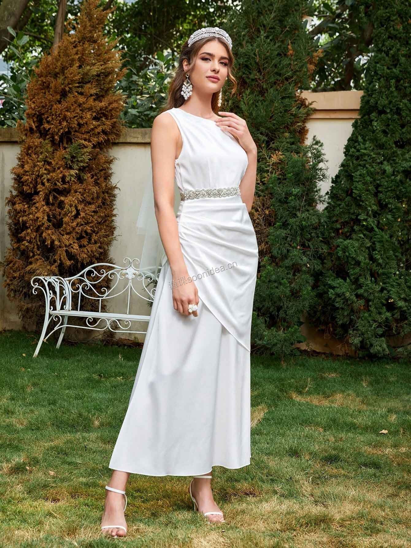 One Shoulder Wedding Dress Without Belt & Veil 