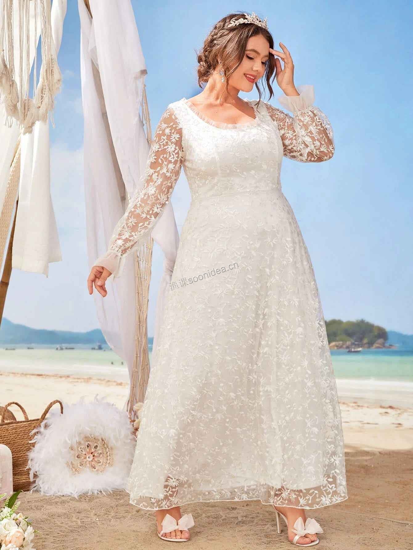 Plus Floral Embroidery Mesh Flounce Sleeve Frill Trim Wedding Dress 