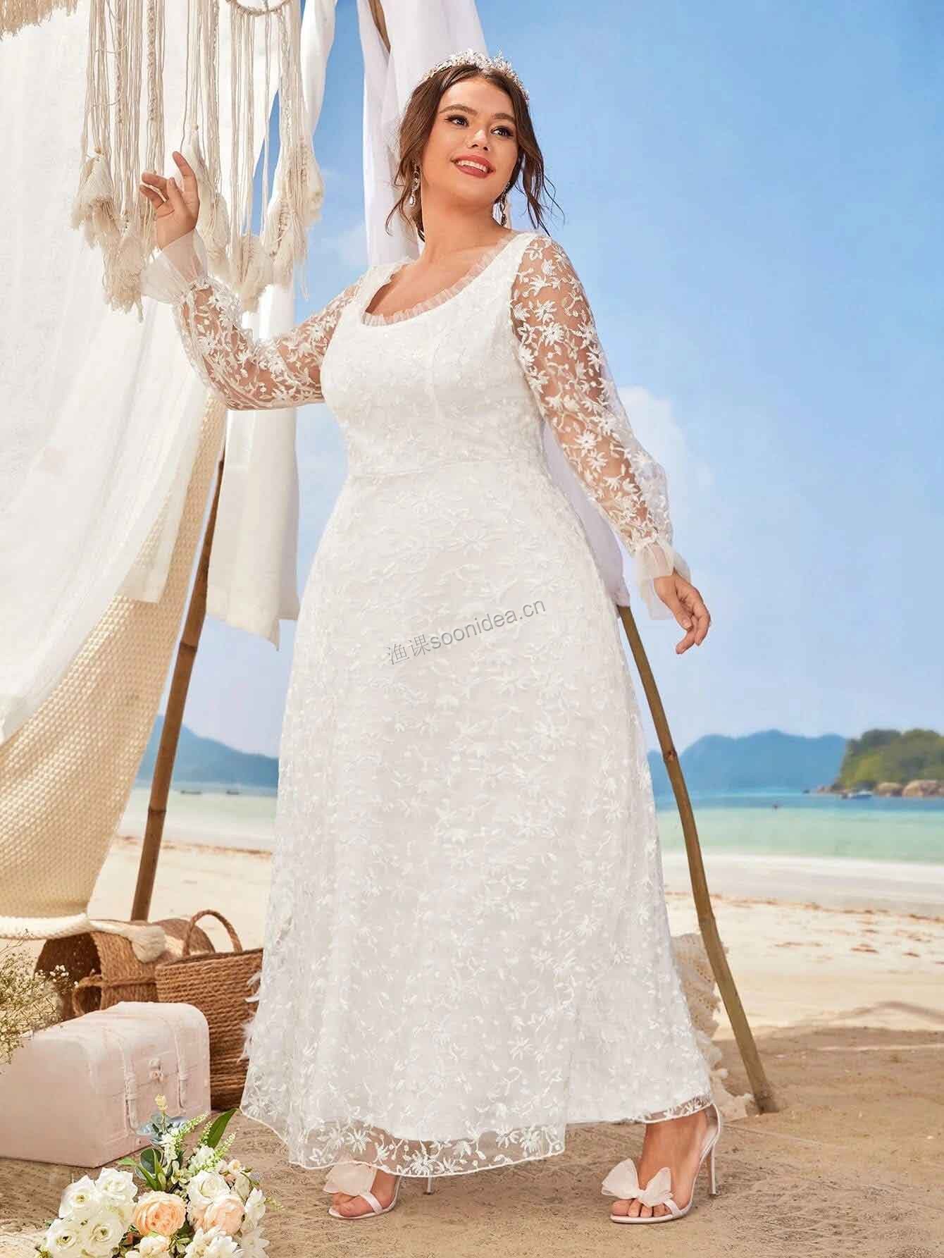 Plus Floral Embroidery Mesh Flounce Sleeve Frill Trim Wedding Dress 