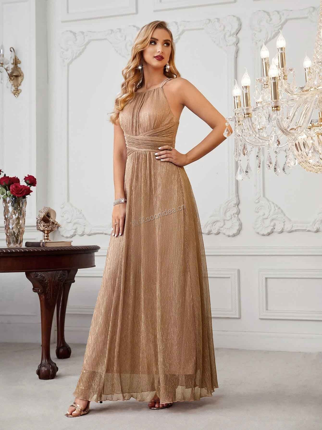 Metallic Criss Cross Back Maxi Bridesmaid Dress 