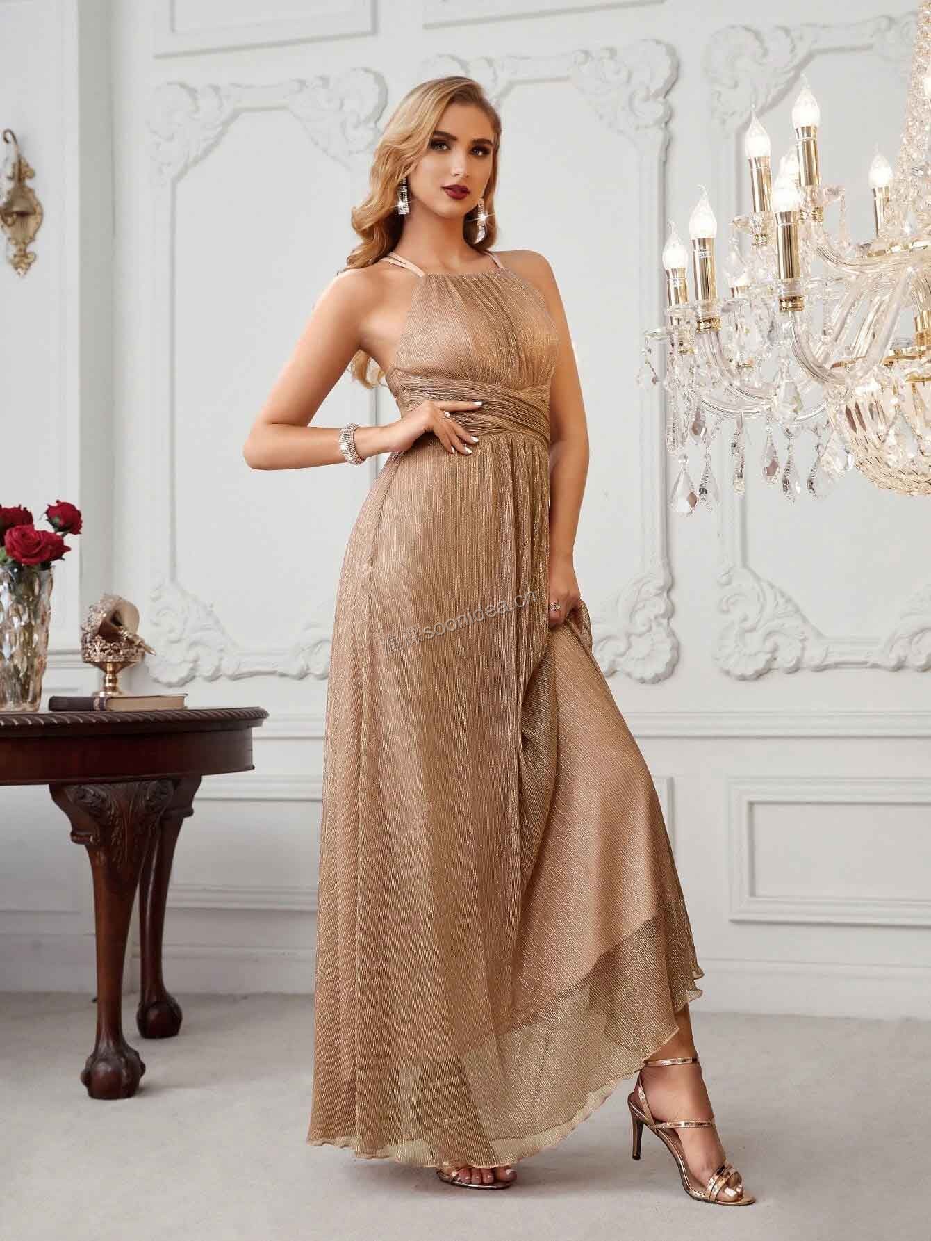 Metallic Criss Cross Back Maxi Bridesmaid Dress 