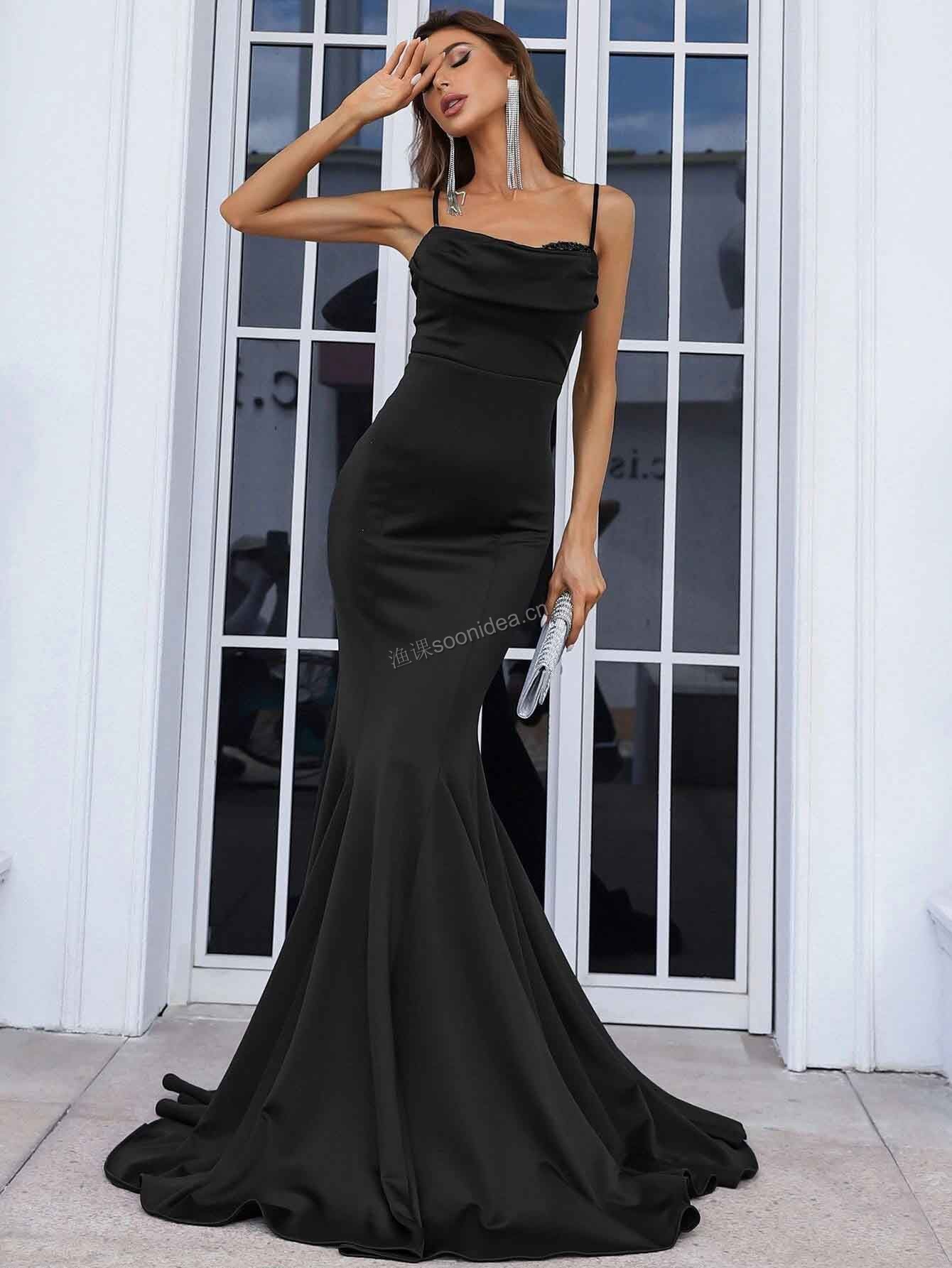 Sequin Insert Draped Collar Mermaid Hem Floor Length Formal Dress 