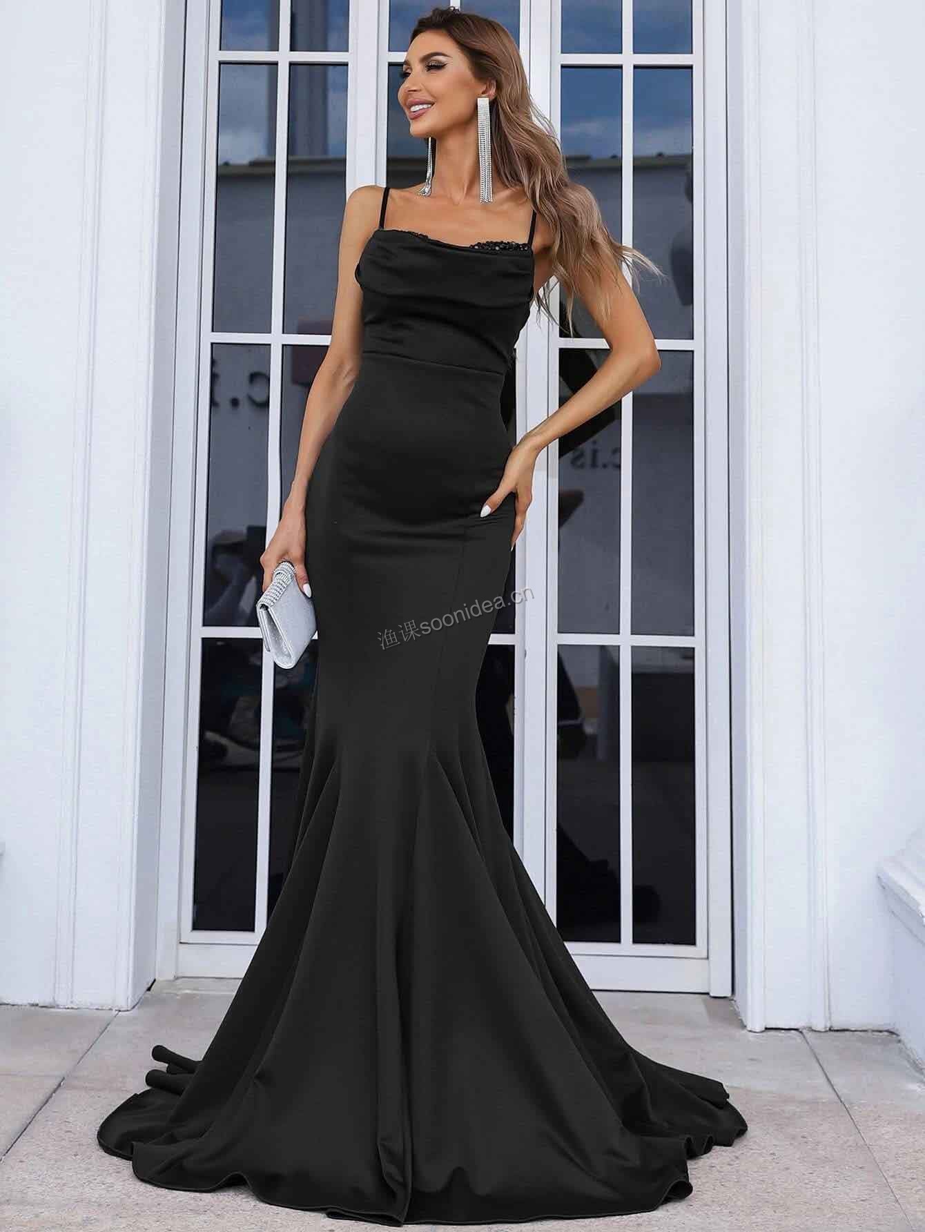 Sequin Insert Draped Collar Mermaid Hem Floor Length Formal Dress 