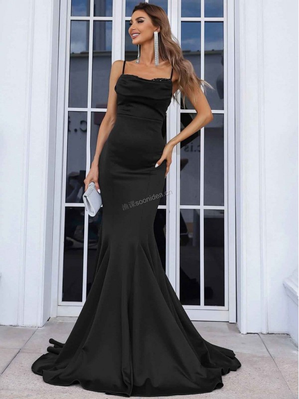 Sequin Insert Draped Collar Mermaid Hem Floor Length Formal Dress