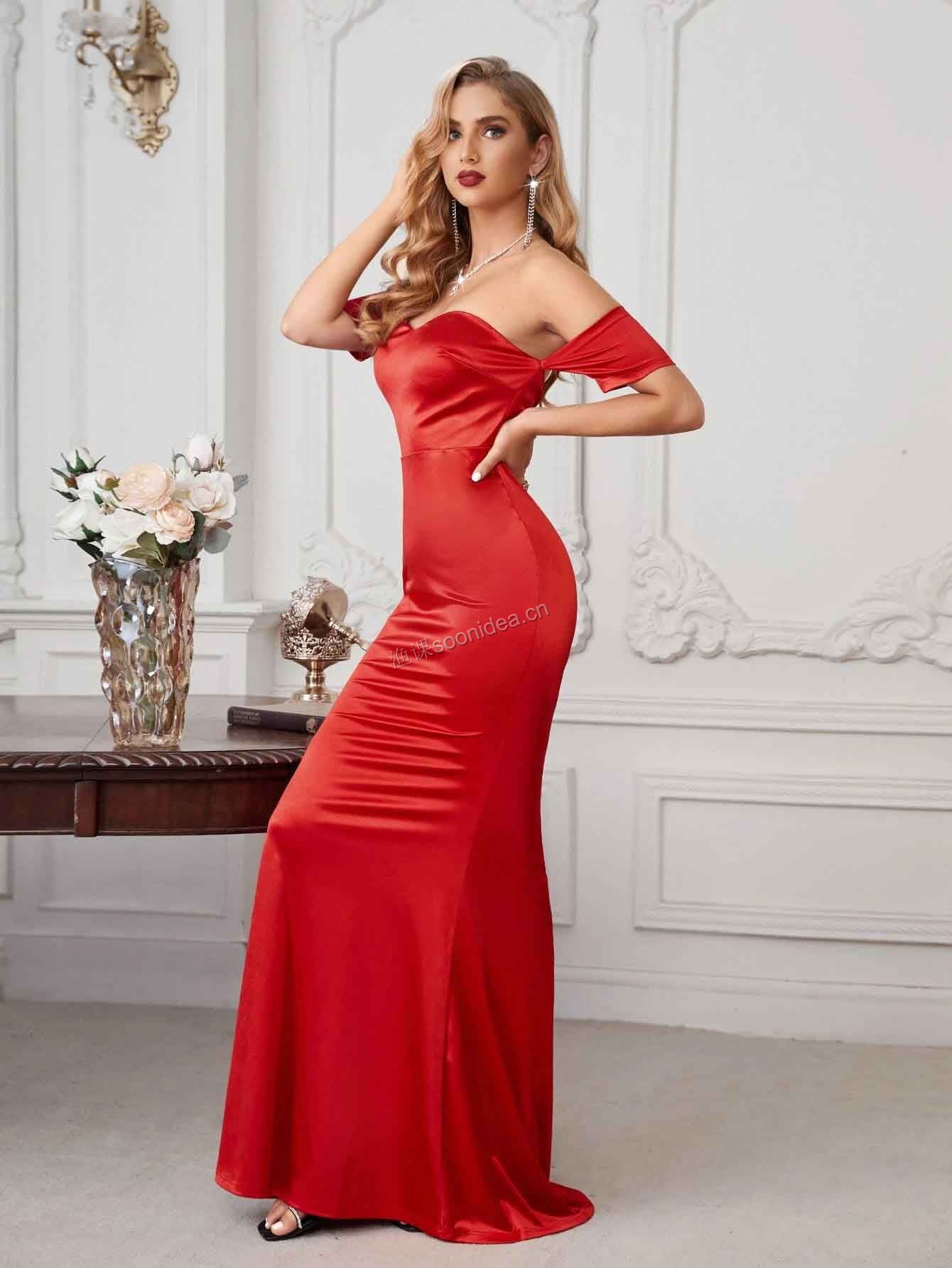 Off Shoulder Floor Length Satin Prom Dress 