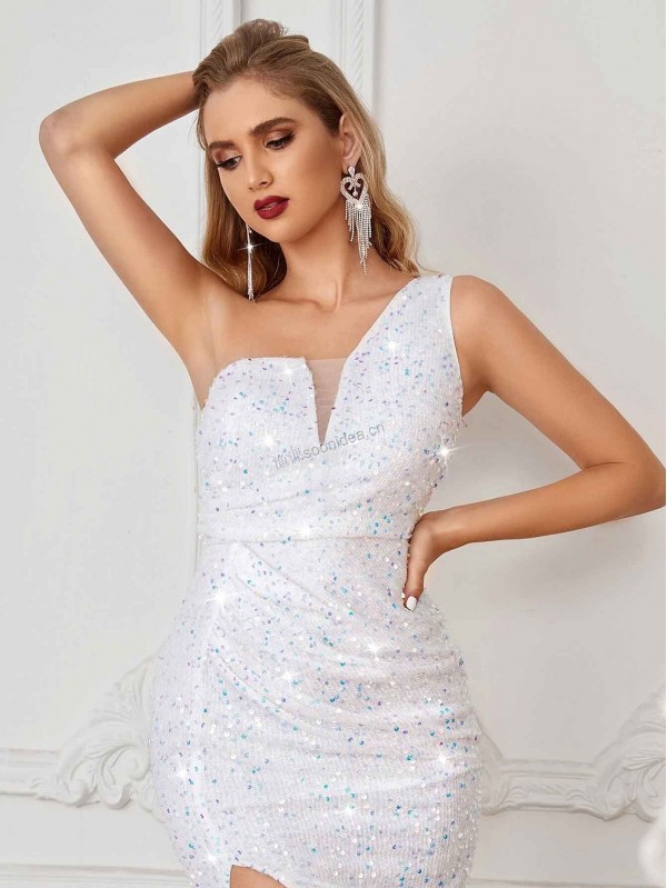 One Shoulder Mesh Insert Split Thigh Sequins Wedding Dress