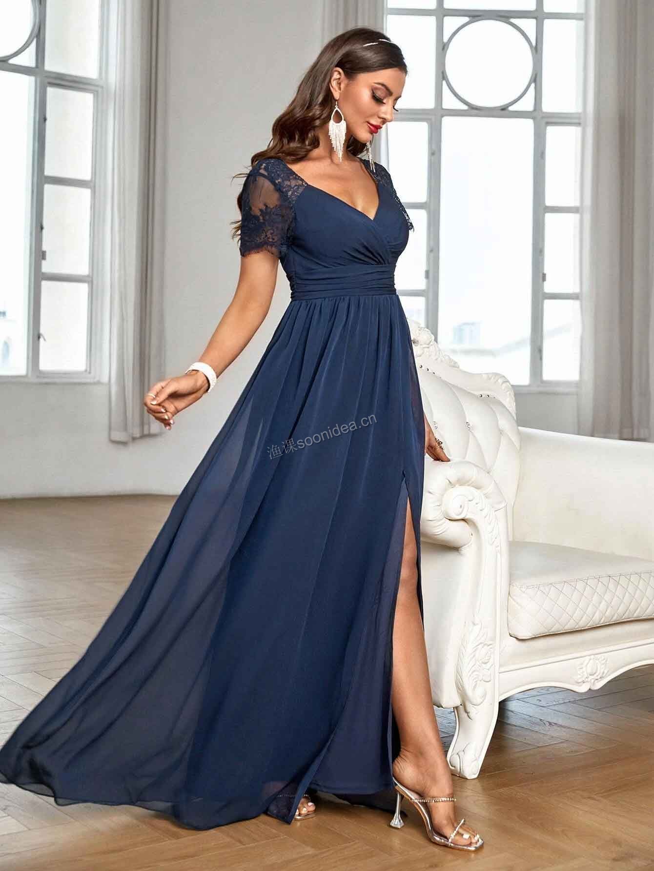 Lace Insert Sweetheart Neck Split Thigh Chiffon Bridesmaid Dress 