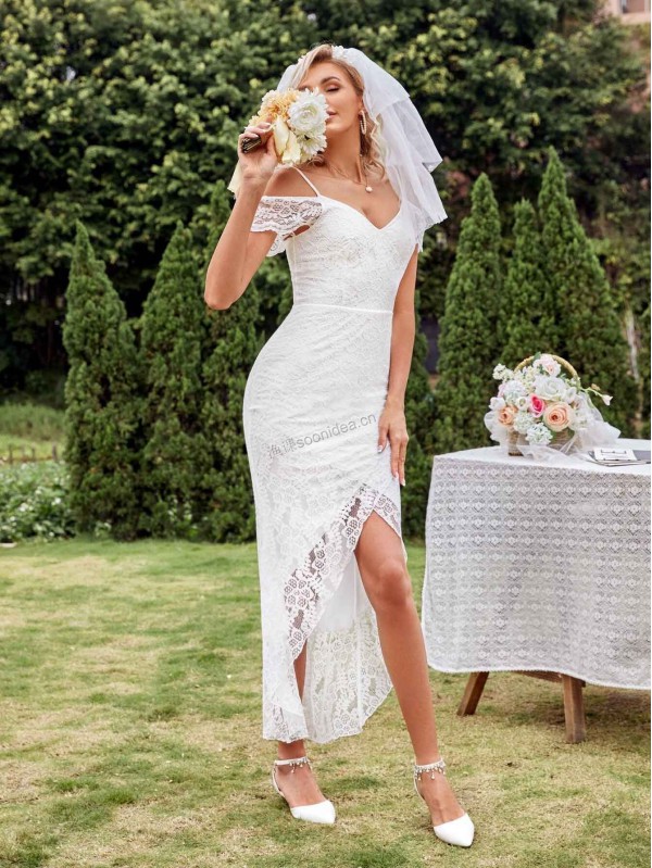 Cold Shoulder Tulip Hem Lace Wedding Dress