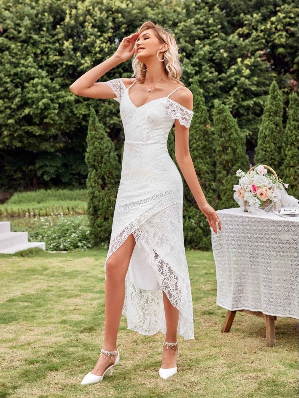 Cold Shoulder Tulip Hem Lace Wedding Dress