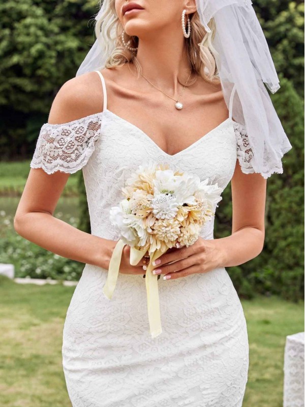 Cold Shoulder Tulip Hem Lace Wedding Dress